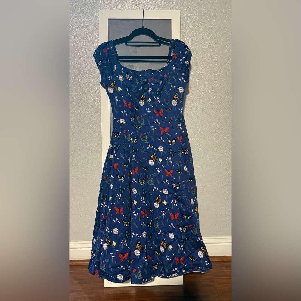 EUC Collectif Blue Floral Dress with Butterfly Print | UK 14